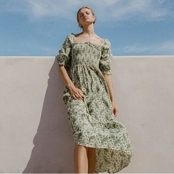 Faithfull The Brand Le Galet Midi Dress Sable Paisley Green Smocked Square Neck - Picture 4 of 10